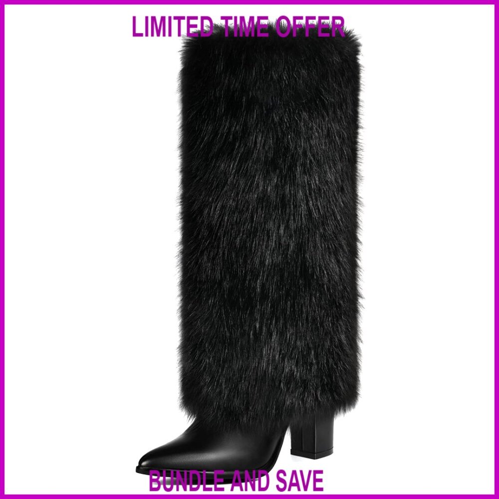 Chunky Heel Knee High Faux Fur Boots Wide Calf Fold Over Side Zipper